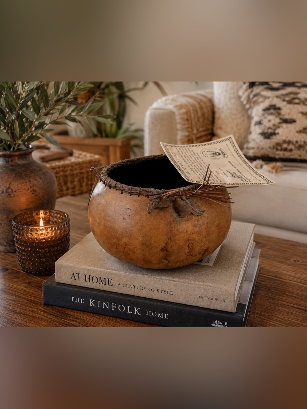 Handcrafted Rwanda Folk Art Gourd Basket Bowl w/ COA Macy’s Path to Peace 6”